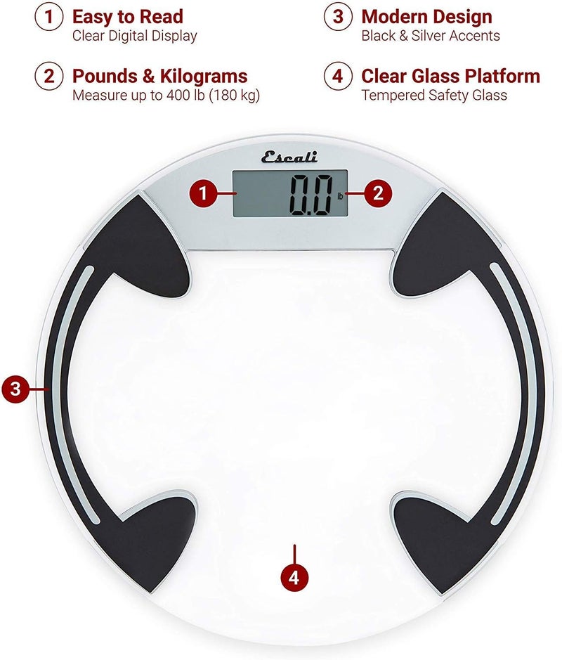 Escali Digital Glass Bath Scale for Body Weight Bathroom Body Scale High Capacity of 400 lb Battery Included Clear Round Platform - Image 2