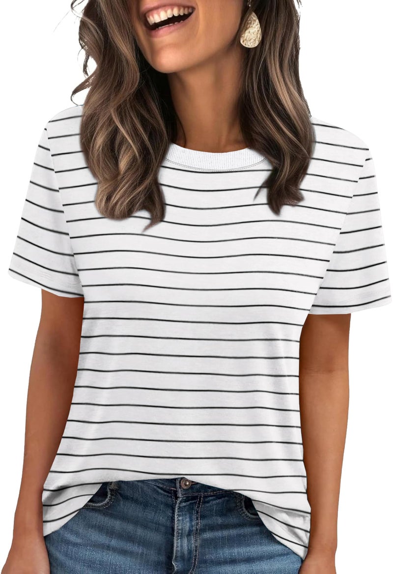 Jescakoo Womens Tops Boho Summer Outfits Spring Break Essential Fashion Clothing Casual Short Sleeve Tshirts Shirts 2026 White Shirt Striped T Shirts Vacation Outfits Beach Clothes Trendy Business Blouses M - Image 1