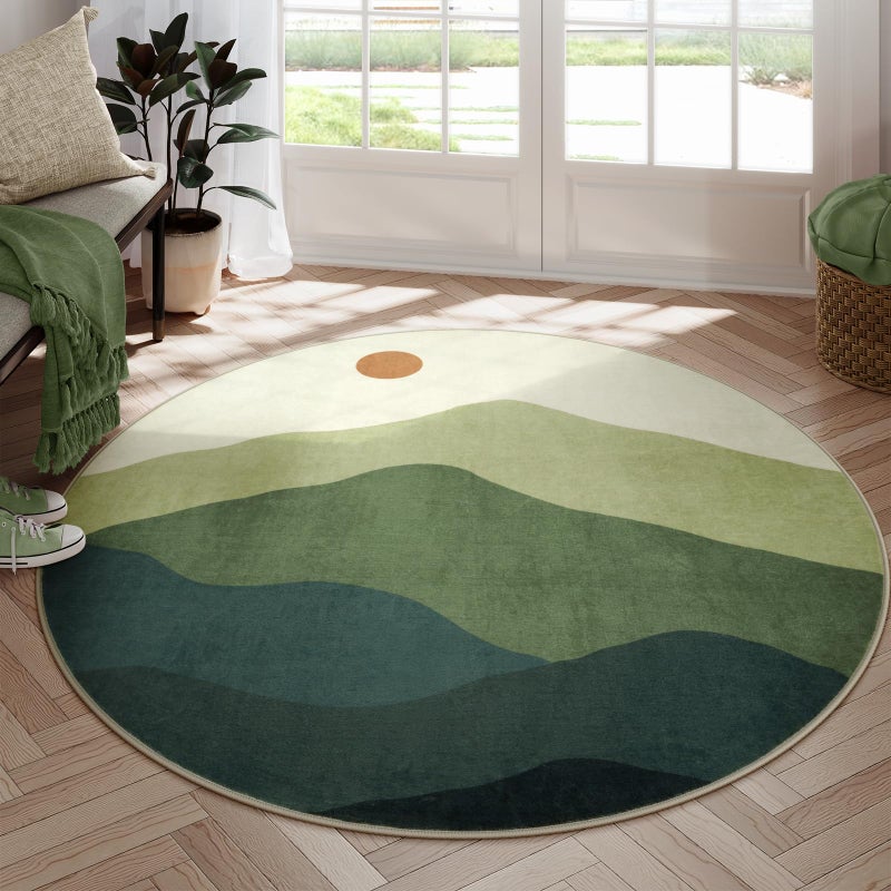 Sungea 6ft Round Rugs for Living Room,Soft Washable Non-Slip Large Circle Rug,Chic Mountain Low-Pile Circular Bedroom Rug Indoor Round Carpets for Kidsroom/Nursery/Office(Green) - Image 1