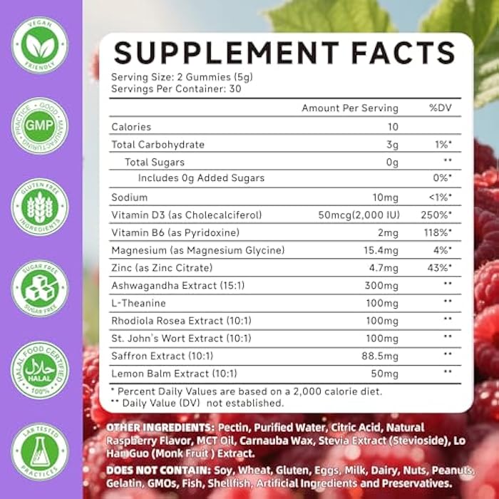 Mchokuu Saffron Supplement Gummies for Kids & Adults Supports Antioxidant Function with Ashwagandha, L-Theanine, Rhodiola Rosea, Lemon Balm, Vitamin D3, B6, Magnesium & Zinc – Raspberry Flavor, 120 Count - Image 2