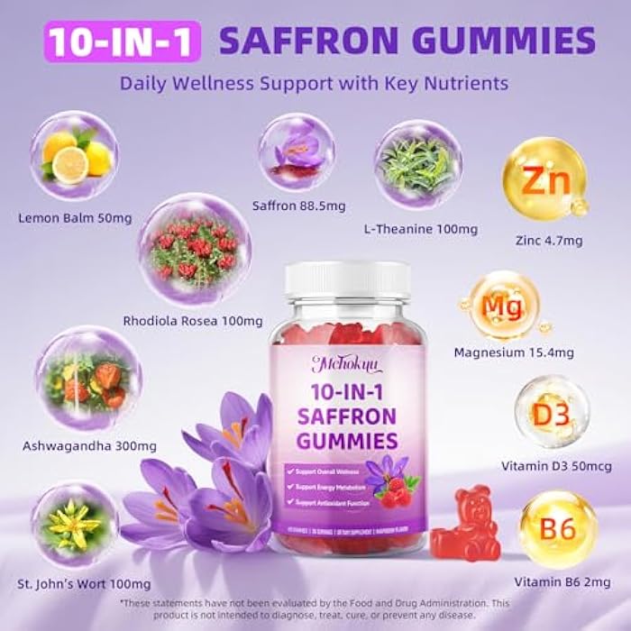 Mchokuu Saffron Supplement Gummies for Kids & Adults Supports Antioxidant Function with Ashwagandha, L-Theanine, Rhodiola Rosea, Lemon Balm, Vitamin D3, B6, Magnesium & Zinc – Raspberry Flavor, 120 Count - Image 3