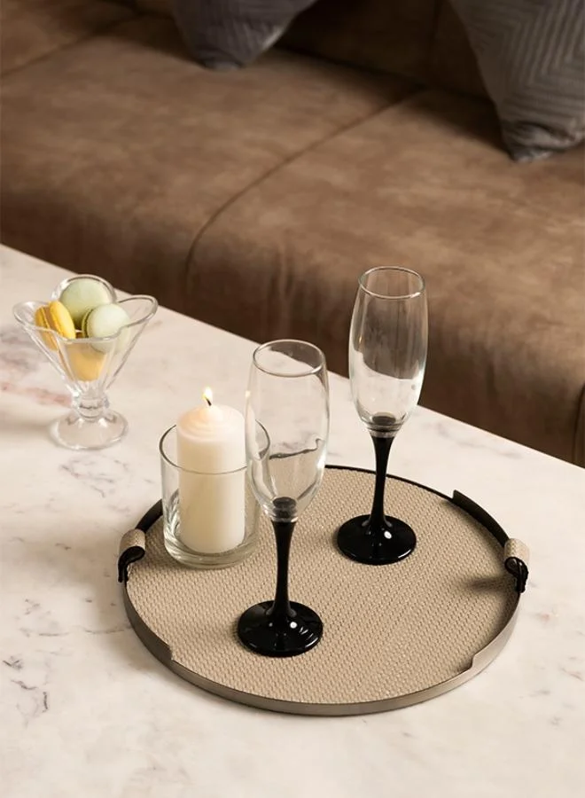 White Round Leather Tray in Brushed Steel Finish by Casa Quesera