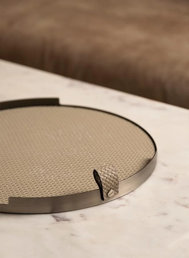 Casa Quesera White Round Leather Tray in Brushed Steel Finish by Casa Quesera