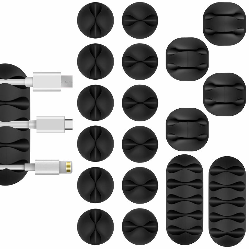 Flezoo Cable Clips Cord Holder - 18 PCS Black Adhesive Phone Cord Organizer Charger Holder Cable Wire Management Clips Keeper for Nightstand, Desk, Office or Mouse - Image 1