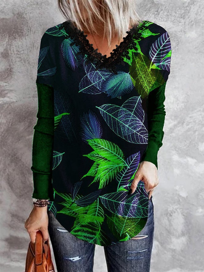 Women's Clothing WISH Positioning Printed V-neck Lace Round Tide Long Sleeve T-shirt - Image 4