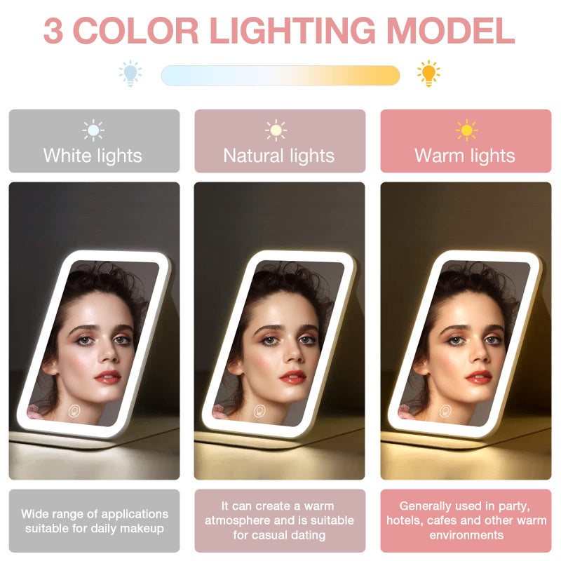 Kintion Travel Makeup Mirror, Portable LED Lighted Makeup Mirror, 360Â° Rotation Touch Screen Vanity Mirror, 60 LEDs, 3-Color Dimmable Lighting, Rechargeable Tabletop Folding Cosmetic Mirror, Pink - Image 3
