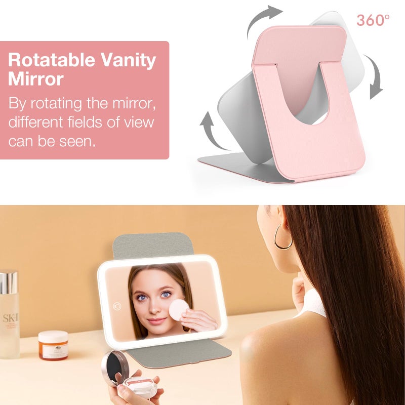 Kintion Travel Makeup Mirror, Portable LED Lighted Makeup Mirror, 360Â° Rotation Touch Screen Vanity Mirror, 60 LEDs, 3-Color Dimmable Lighting, Rechargeable Tabletop Folding Cosmetic Mirror, Pink - Image 5