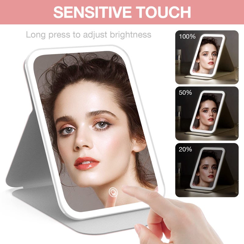 Kintion Travel Makeup Mirror, Portable LED Lighted Makeup Mirror, 360Â° Rotation Touch Screen Vanity Mirror, 60 LEDs, 3-Color Dimmable Lighting, Rechargeable Tabletop Folding Cosmetic Mirror, Pink - Image 4