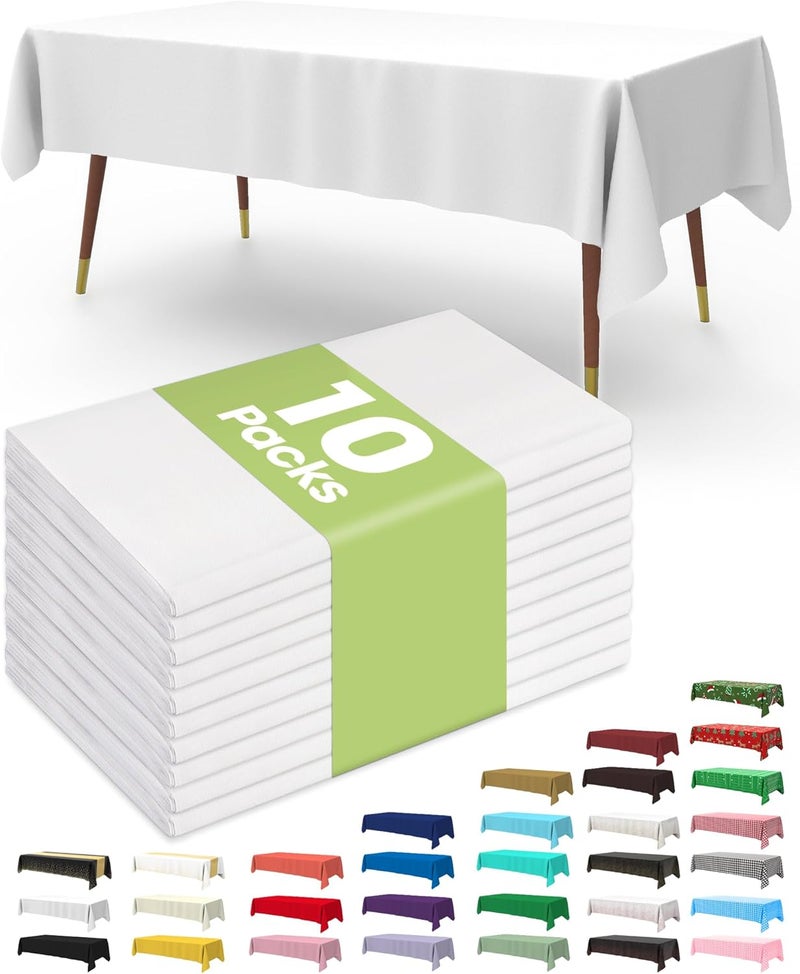 Premium Disposable Table Cloth - 10 Pack, 54 x 108 Inch White Plastic Table Covers for Parties - Image 1