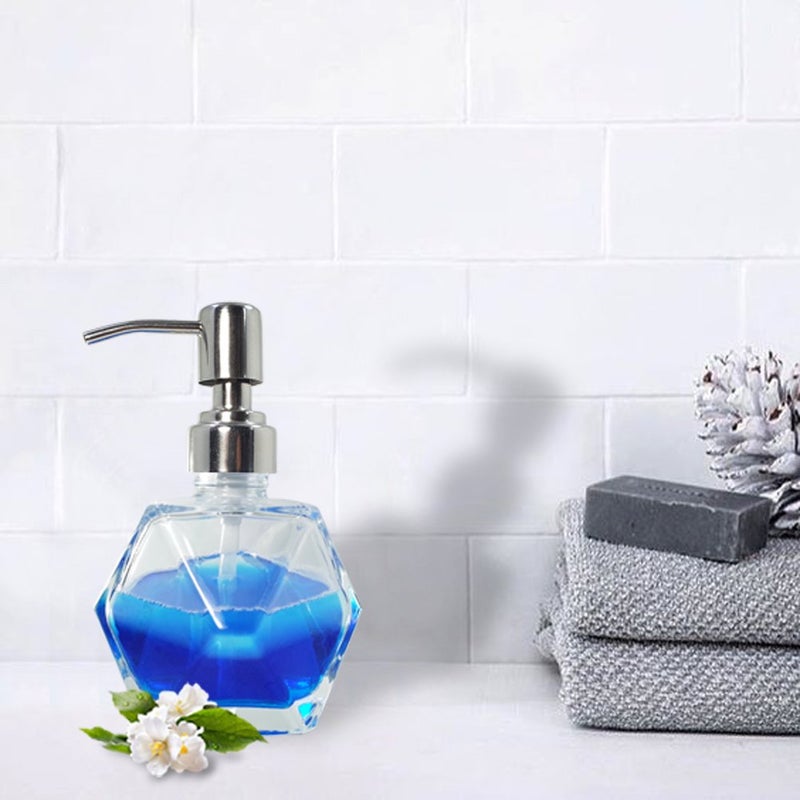 JASAI Modern Geometric Shape Clear Glass Soap Dispenser, Lotion Dispenser Bottle with Rust Proof Stainless Steel Pump for Kitchen, Bathroom Accessory, Countertop, Great for Soap, Lotions and Body Oil. - Image 2