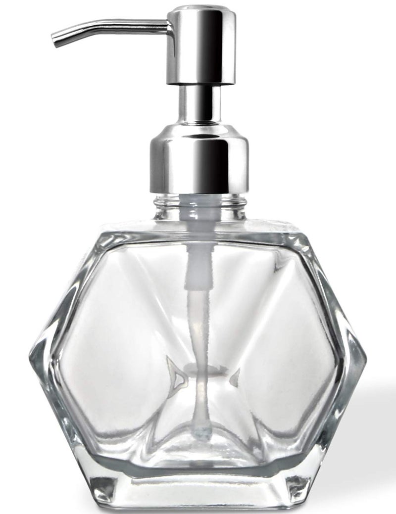 JASAI Modern Geometric Shape Clear Glass Soap Dispenser, Lotion Dispenser Bottle with Rust Proof Stainless Steel Pump for Kitchen, Bathroom Accessory, Countertop, Great for Soap, Lotions and Body Oil. - Image 1