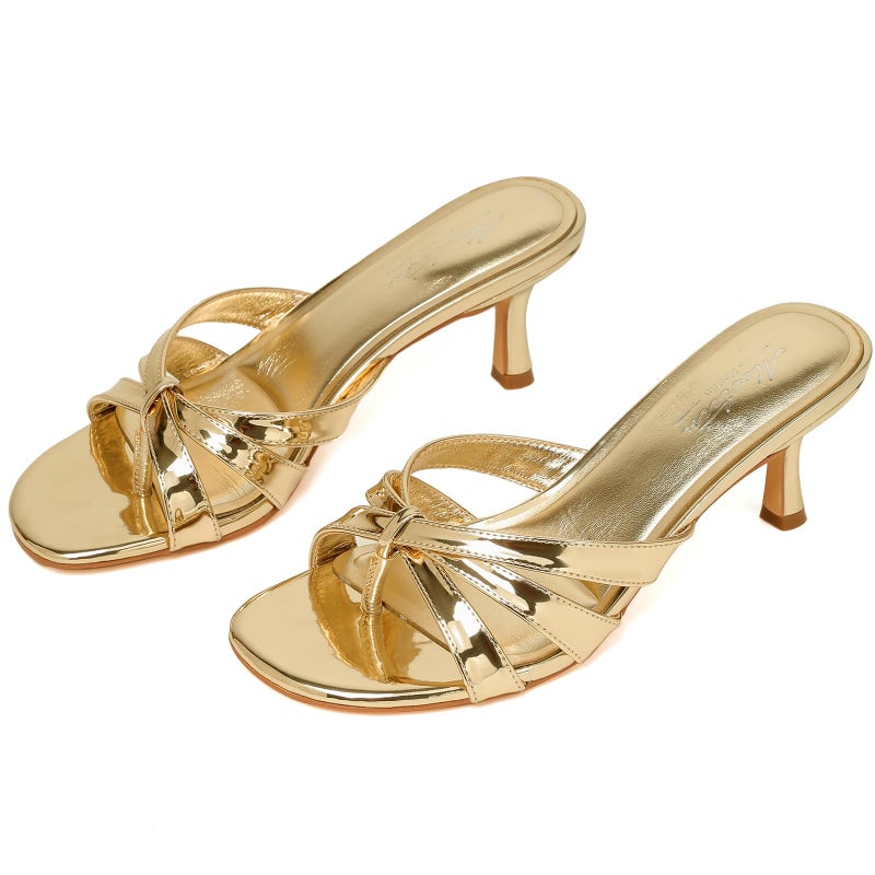 Mostrin Gold Strappy Kitten Heels for Women Round Open Toe Flip Flops Slip On Mules Heels Fashion Thong Heeled Sandals for Holiday Wedding Daily Size 8 - Image 1
