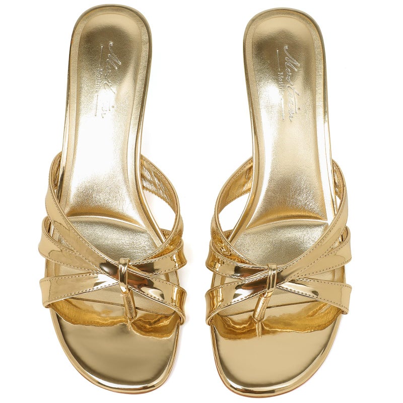 Mostrin Gold Strappy Kitten Heels for Women Round Open Toe Flip Flops Slip On Mules Heels Fashion Thong Heeled Sandals for Holiday Wedding Daily Size 8 - Image 5