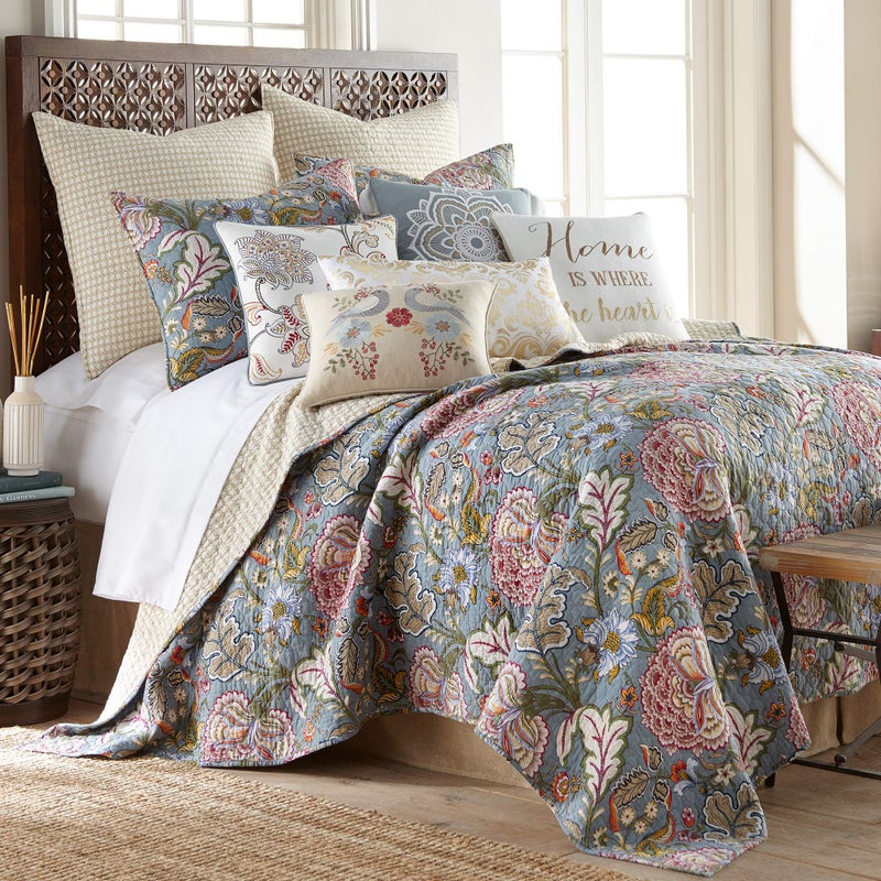 Levtex Home  Angelica Quilt Set  KingCal King Quilt  Two King Pillow Shams  Floral  Aqua Taupe Green Blue Orange Pink Grey  Quilt 106x92in and Pillow Shams 36x20in  Reversible  Cotton