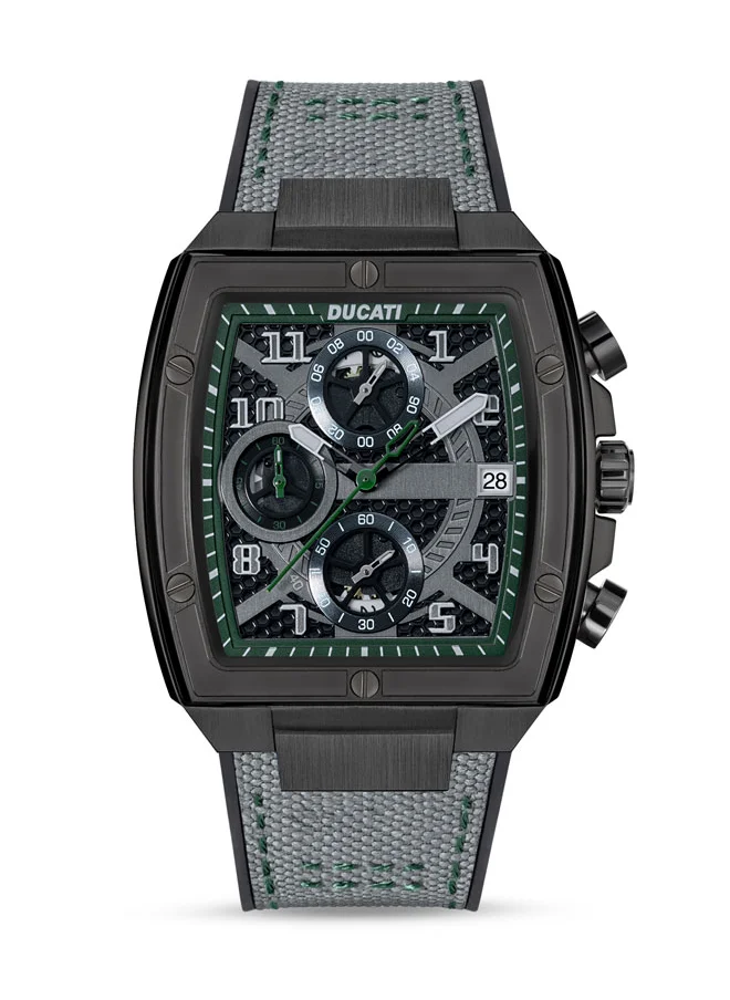 Ducati Ducati DT088 Gents Chronograph Watch – Partial See-Through Dial, Black Screw-Detail Case, Green Accents, Leather Strap with Silicone Base, Water Resistant 50M