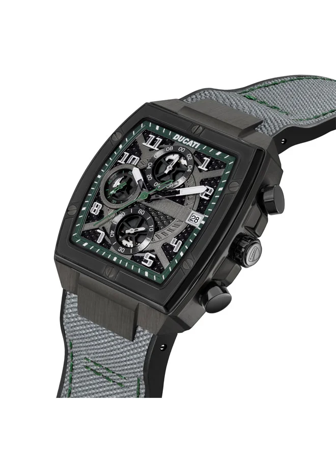 Ducati Ducati DT088 Gents Chronograph Watch – Partial See-Through Dial, Black Screw-Detail Case, Green Accents, Leather Strap with Silicone Base, Water Resistant 50M