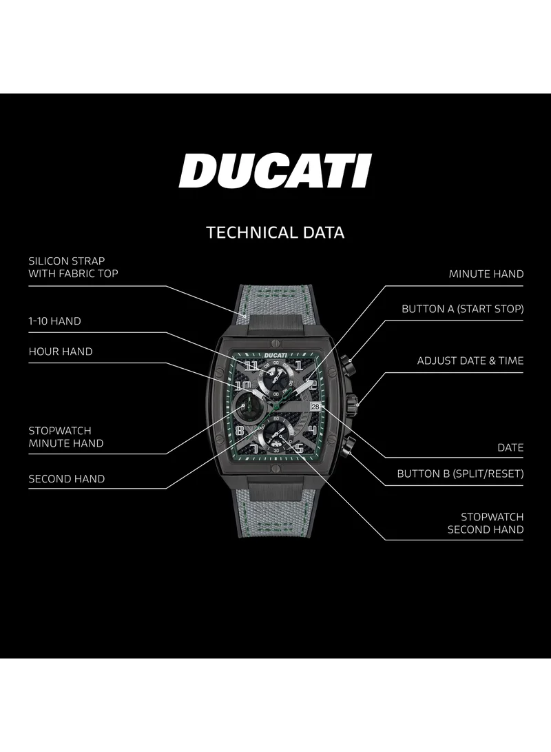 دوكاتي Ducati DT088 Gents Chronograph Watch – Partial See-Through Dial, Black Screw-Detail Case, Green Accents, Leather Strap with Silicone Base, Water Resistant 50M