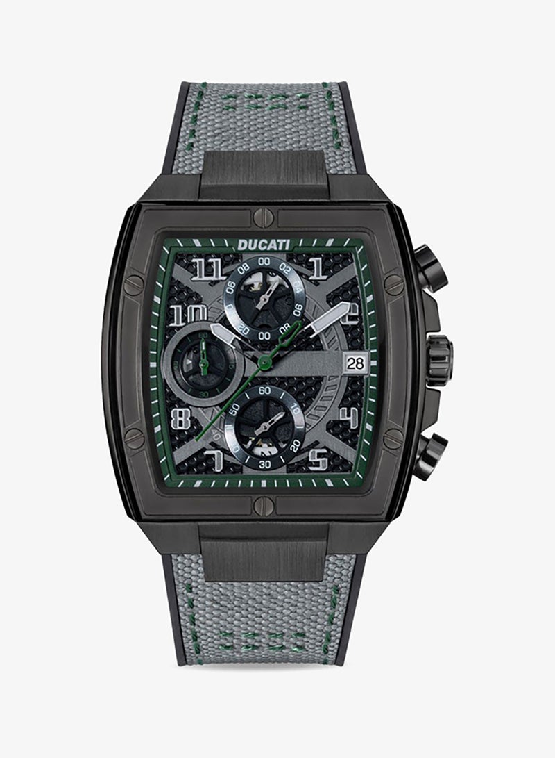 Ducati DT088 Gents Chronograph Watch – Partial See-Through Dial, Black Screw-Detail Case, Green Accents, Leather Strap with Silicone Base, Water Resistant 50M - Image 1
