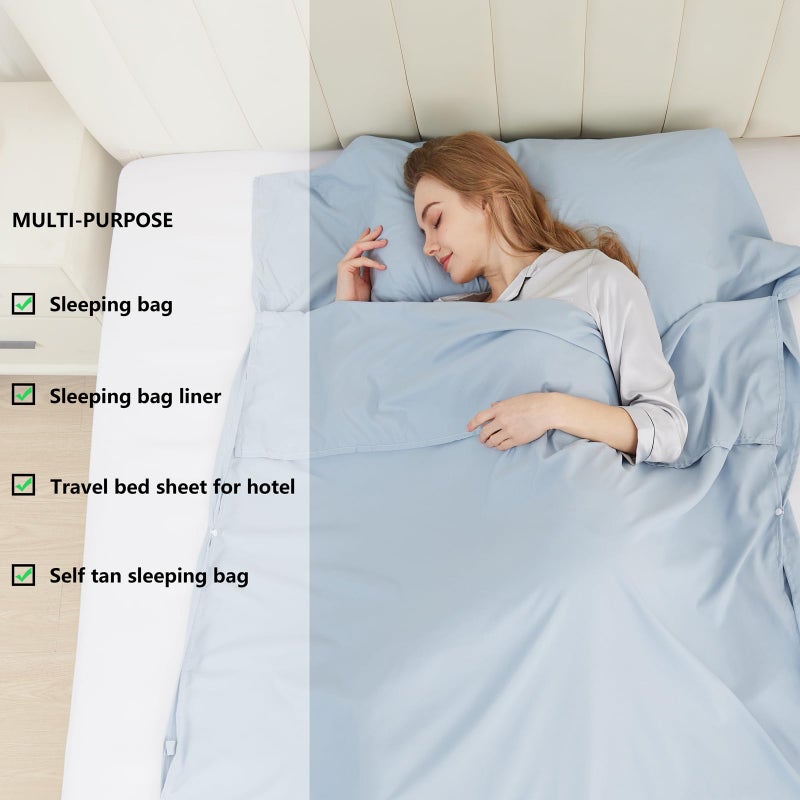 RHINSBENF Sleeping Bag Liner Camping Adult Sleep Sack Lightweight Travel Sheet for Hotel Bed Compact Ultralight Essential Cleaning Supplies Kit Travel Bedding Set for Backpacking (Blue & Single) - Image 5
