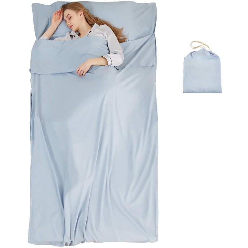 RHINSBENF Sleeping Bag Liner Camping Adult Sleep Sack Lightweight Travel Sheet for Hotel Bed Compact Ultralight Essential Cleaning Supplies Kit Travel Bedding Set for Backpacking (Blue & Single) - Image 1