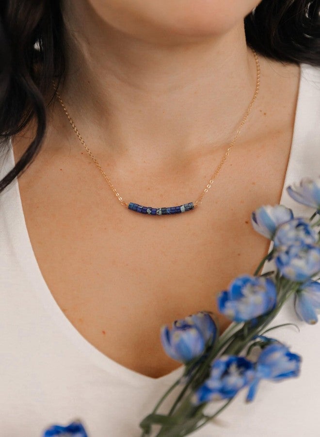 PEARLADA Lapis Lazuli Beaded Choker Necklace, Dainty 18k Gold Plated Chain Bar Pendant Necklace, Boho Blue Jewelry for Women - Image 2