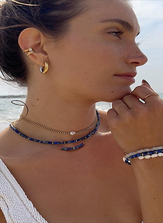 PEARLADA Lapis Lazuli Beaded Choker Necklace, Dainty 18k Gold Plated Chain Bar Pendant Necklace, Boho Blue Jewelry for Women - Image 5