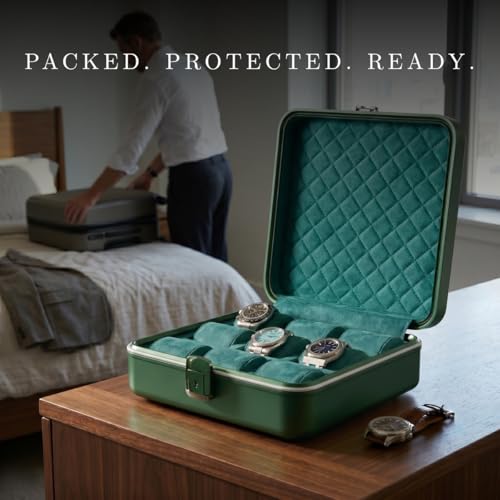 Bey-Berk Prague Aluminum Watch Case in Hunter Green – 9-Slot Locking Travel Box with Soft Interior for Watch Storage - Image 5