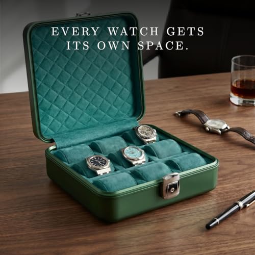 Bey-Berk Prague Aluminum Watch Case in Hunter Green – 9-Slot Locking Travel Box with Soft Interior for Watch Storage - Image 3