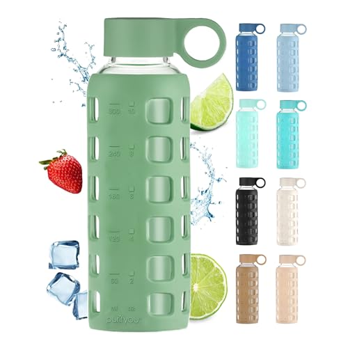 purifyou 40oz / 32oz / 22oz / 12oz Borosilicate Glass Water Bottle with Time & Volume Markers, Silicone Sleeve, Stainless Steel Lid | Reusable Glass Bottle for Water & Juice (12oz Shale Green) - Image 1