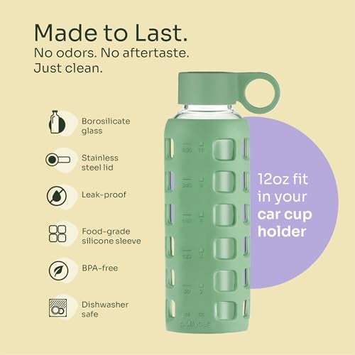 purifyou 40oz / 32oz / 22oz / 12oz Borosilicate Glass Water Bottle with Time & Volume Markers, Silicone Sleeve, Stainless Steel Lid | Reusable Glass Bottle for Water & Juice (12oz Shale Green) - Image 4