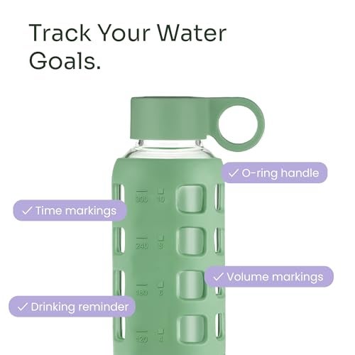 purifyou 40oz / 32oz / 22oz / 12oz Borosilicate Glass Water Bottle with Time & Volume Markers, Silicone Sleeve, Stainless Steel Lid | Reusable Glass Bottle for Water & Juice (12oz Shale Green) - Image 3