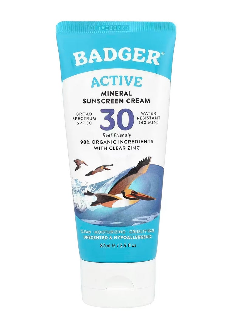Badger, Active, Mineral Sunscreen Cream, SPF 30, Unscented, 2.9 fl oz (87 ml) - Image 1