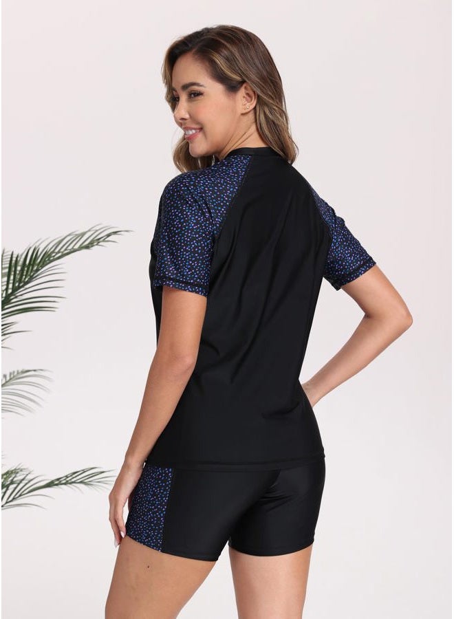 Halcurt Women's Two Piece Rash Guard Swim Shirts Built in Bra Swimsuit with Boyshorts with Pockets, Blue Green Polka Dots, XL - Image 4