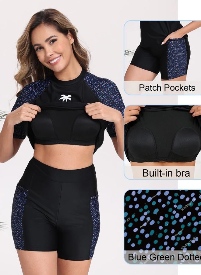 Halcurt Women's Two Piece Rash Guard Swim Shirts Built in Bra Swimsuit with Boyshorts with Pockets, Blue Green Polka Dots, XL - Image 3