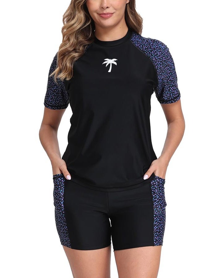 Halcurt Women's Two Piece Rash Guard Swim Shirts Built in Bra Swimsuit with Boyshorts with Pockets, Blue Green Polka Dots, XL - Image 1