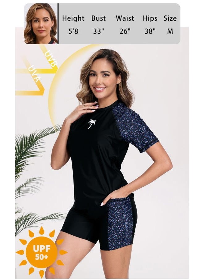 Halcurt Women's Two Piece Rash Guard Swim Shirts Built in Bra Swimsuit with Boyshorts with Pockets, Blue Green Polka Dots, XL - Image 2