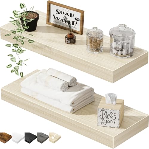 QEEIG Bathroom Floating Shelves for Wall - 15.7" Wall Mounted Shelf Over Toilet Farmhouse Home Decor Display Bookshelf Small 15.7 x 6.7 inch Set of 2, Natural (008-40N) - Image 1