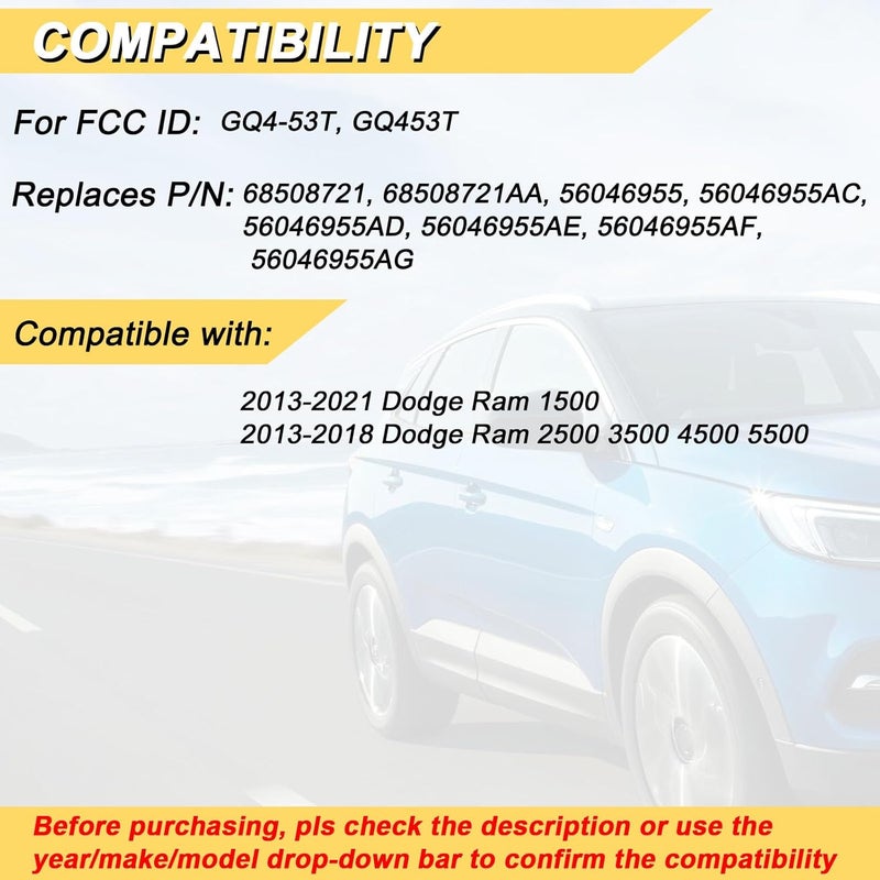 Vurkcy Key Fob Replacement for 2013-2021 Dodge Ram 1500/13-18 Ram 2500 3500 4500 5500 Car Keyless Entry Remote Control, GQ4-53T, 4 Buttons - Image 2