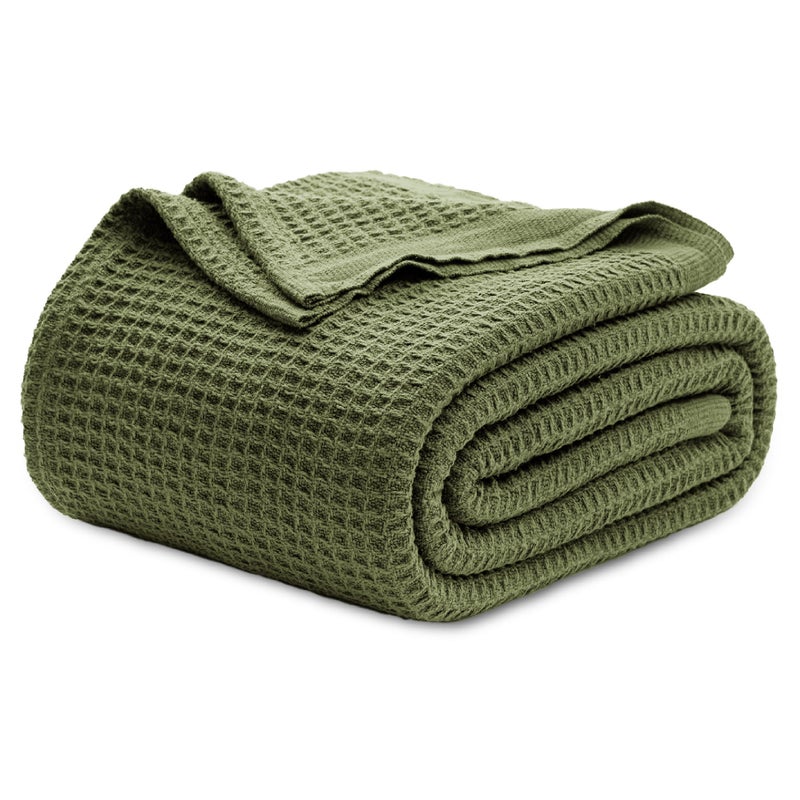 Bedsure 100 Cotton Blanket King Size for Bed  Breathable and Soft Waffle Weave Blanket for Summer Spring Olive Green 104x90 inches