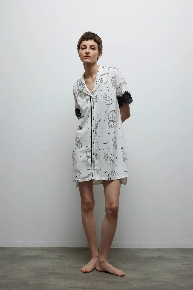 Hays Women's Cotton Lace Detail Pocket Shirt Collar Nightgown