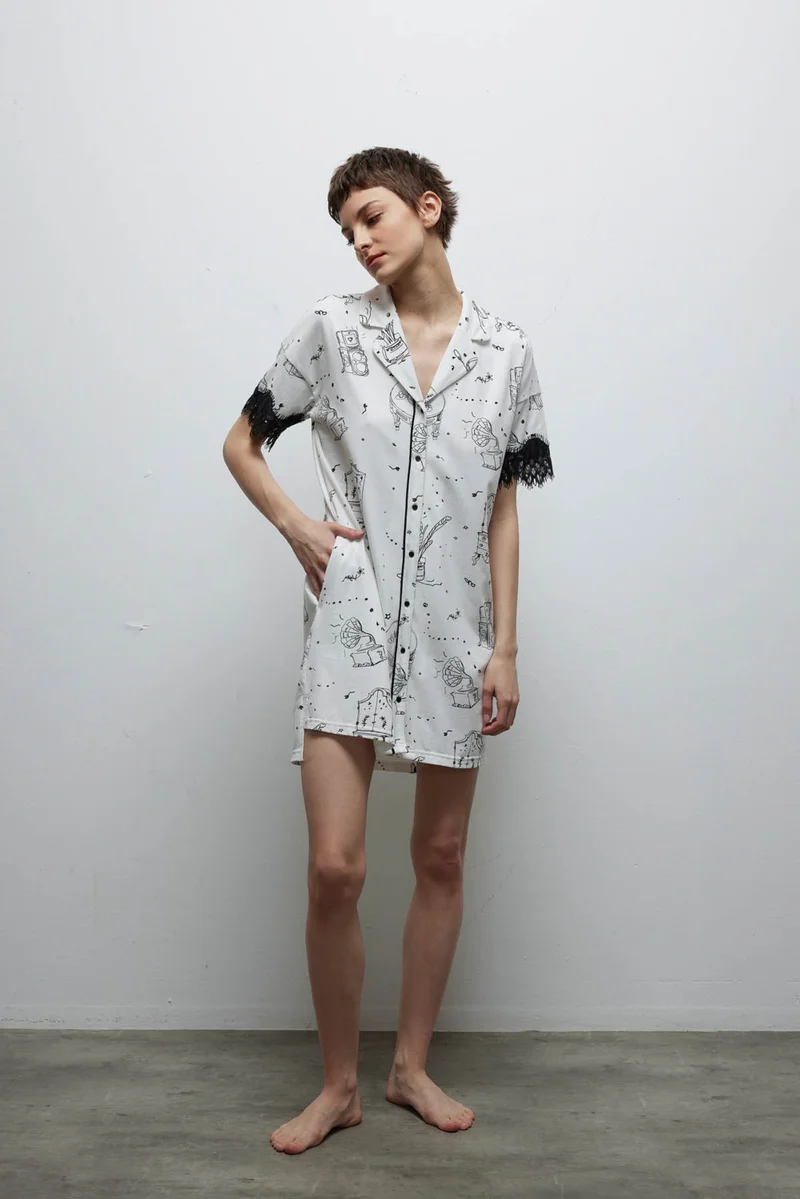 Hays Women's Cotton Lace Detail Pocket Shirt Collar Nightgown