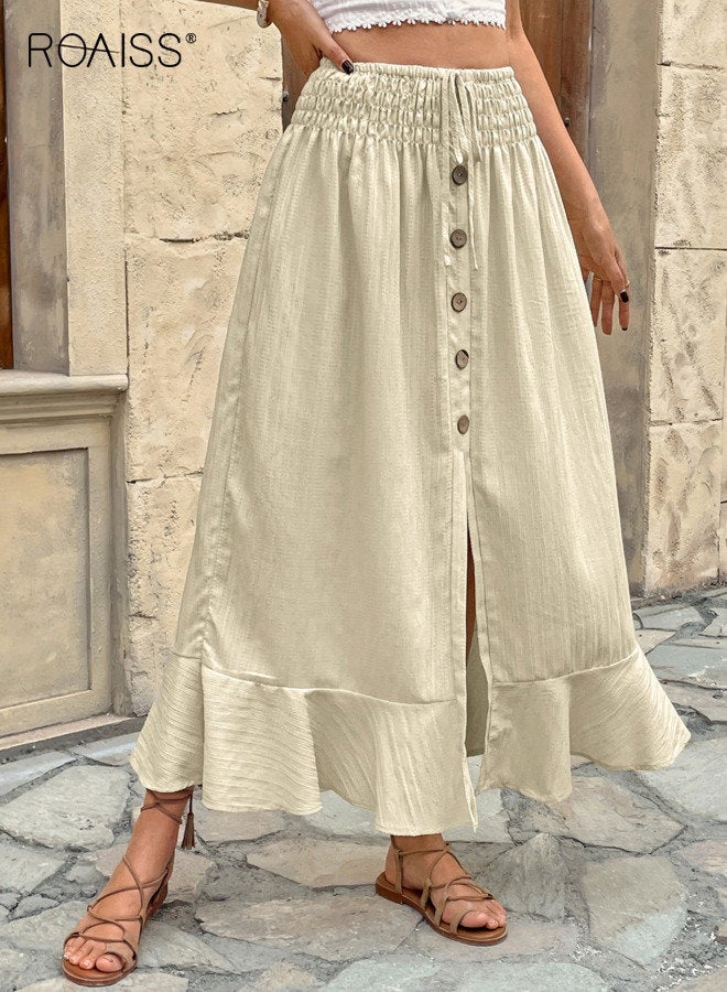 رويس تنورة نسائية بفتحة أزرار، تنورة طويلة برباط خصر مطاطي بلون سادة، تنورة نسائية كاجوال متعددة الاستخدامات بكشكشة بلون المشمش - Image 1