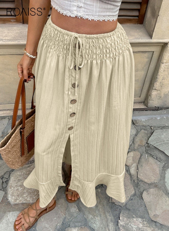 رويس تنورة نسائية بفتحة أزرار، تنورة طويلة برباط خصر مطاطي بلون سادة، تنورة نسائية كاجوال متعددة الاستخدامات بكشكشة بلون المشمش - Image 3