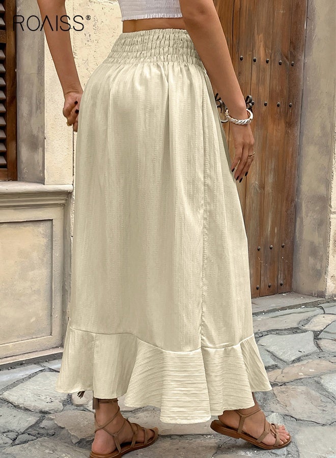 رويس تنورة نسائية بفتحة أزرار، تنورة طويلة برباط خصر مطاطي بلون سادة، تنورة نسائية كاجوال متعددة الاستخدامات بكشكشة بلون المشمش - Image 5