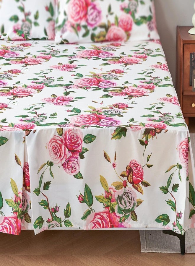 DaDa Bedding Romantic Roses Floral Bed Skirt - Matching Pink & White Ruffled Dust Ruffle for Quilted Coverlet Set - Lightweight & Breathable Polyester Bedskirt (Queen) - Image 1