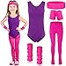 Giegxin Kids 80s Workout Costume Halloween Outfit Accessories Retro Neon Leotard Legging Headband Wristband Leg WarmersMediumRose Red Purple - Image 2