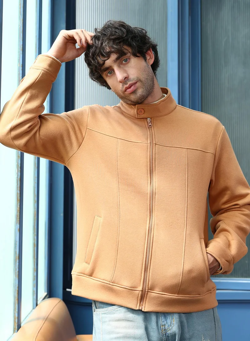 Campus Sutra Men Panel-Stitch Knit Jacket | Band Collar, Long Button-Cuff Sleeves | Zipper , Ribbed-Straight Hem | Solid Plain | Knitted Fabric For Casual & Daily Wear | Rust Orange