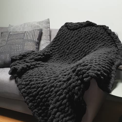 Adyrescia Chunky Knit Blanket Throw | 100% Hand Knit with Jumbo Chenille Yarn (40"x50", Raven Black) - Image 2