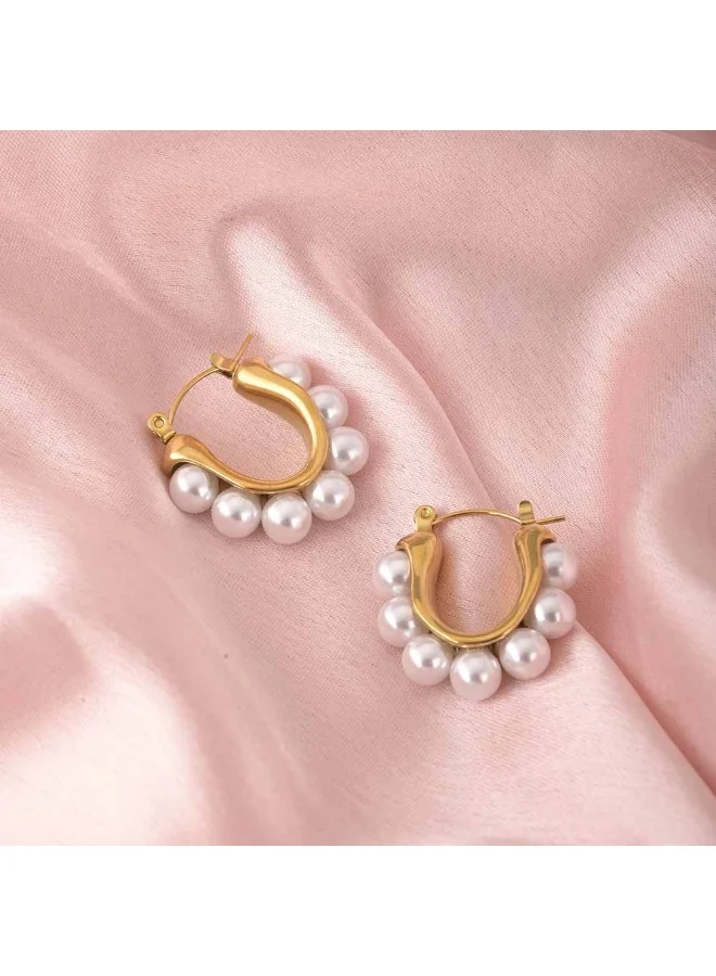 بالموناس PALMONAS 18k Gold Tone Plated Pearl Embellished Hoops
 for Women