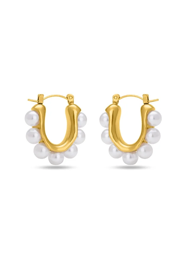 بالموناس PALMONAS 18k Gold Tone Plated Pearl Embellished Hoops
 for Women